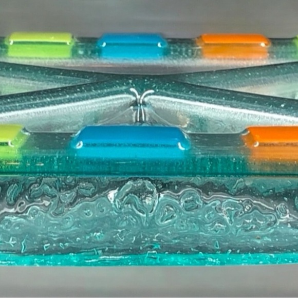 1980s Vintage Heavy Bubble Glass Serving Platter. Colourful Glass Mosaic Squares - Picture 4 of 6